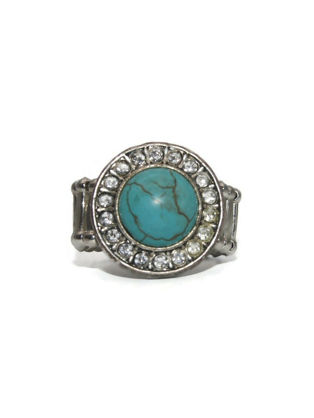 Vintage Silver Tone, Faux Turquoise & Clear Stones Size 9 Elastic Stretch Ring.